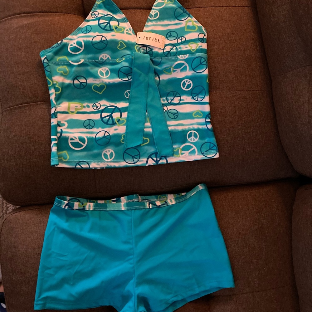 NWT - IEFIEL Girls Tankini Swim Suit (Blue Peace Sign Design) Brand New w/Tags